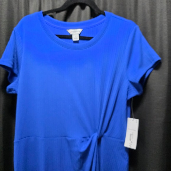 NWT Liz Claiborne Womens Blue Ribbed Side Twist Midi Dress Short Sleeve Size L - Picture 2 of 10